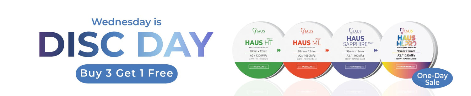 Promotional banner for 'Zirconia Disc Day' with colorful disc packages and text.