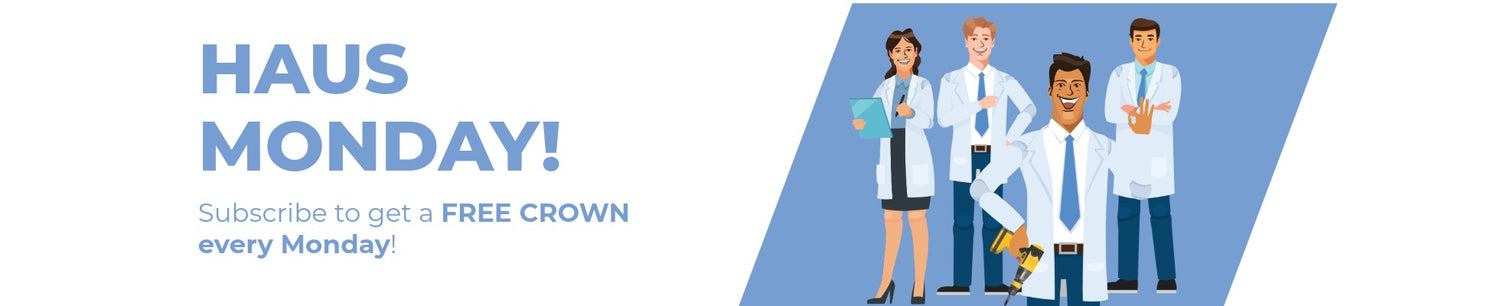Promotional banner with cartoon characters in lab coats and text about subscribing for a free crown every Monday.