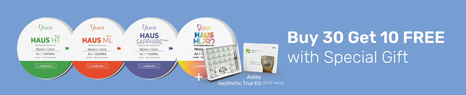 Promotional banner for Haus Zirconia Disc with a buy 30 get 10 free + Aidite Biomic Trial Kit offer on a blue background.