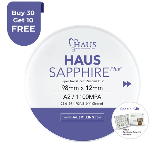 Haus Sapphire Plus zirconia disc with promotional text on a white background