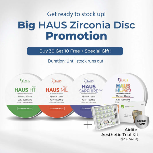 Promotion for Haus Zirconia Discs: Buy 30 and get 10 free, plus a limited-time free Aidite Aesthetic Trial Kit $239 Value.