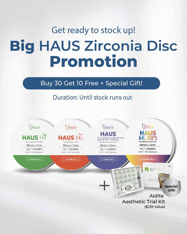 Promotional advertisement for Big HAUS Zirconia Disc Promotion with product packaging and a special gift offer.