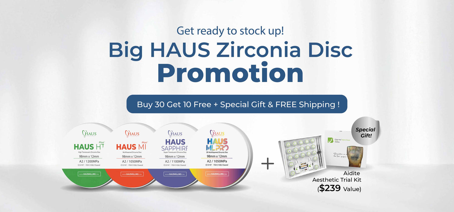 Promotional banner for Big HAUS Zirconia Disc Promotion with product packaging and additional items on a white background.